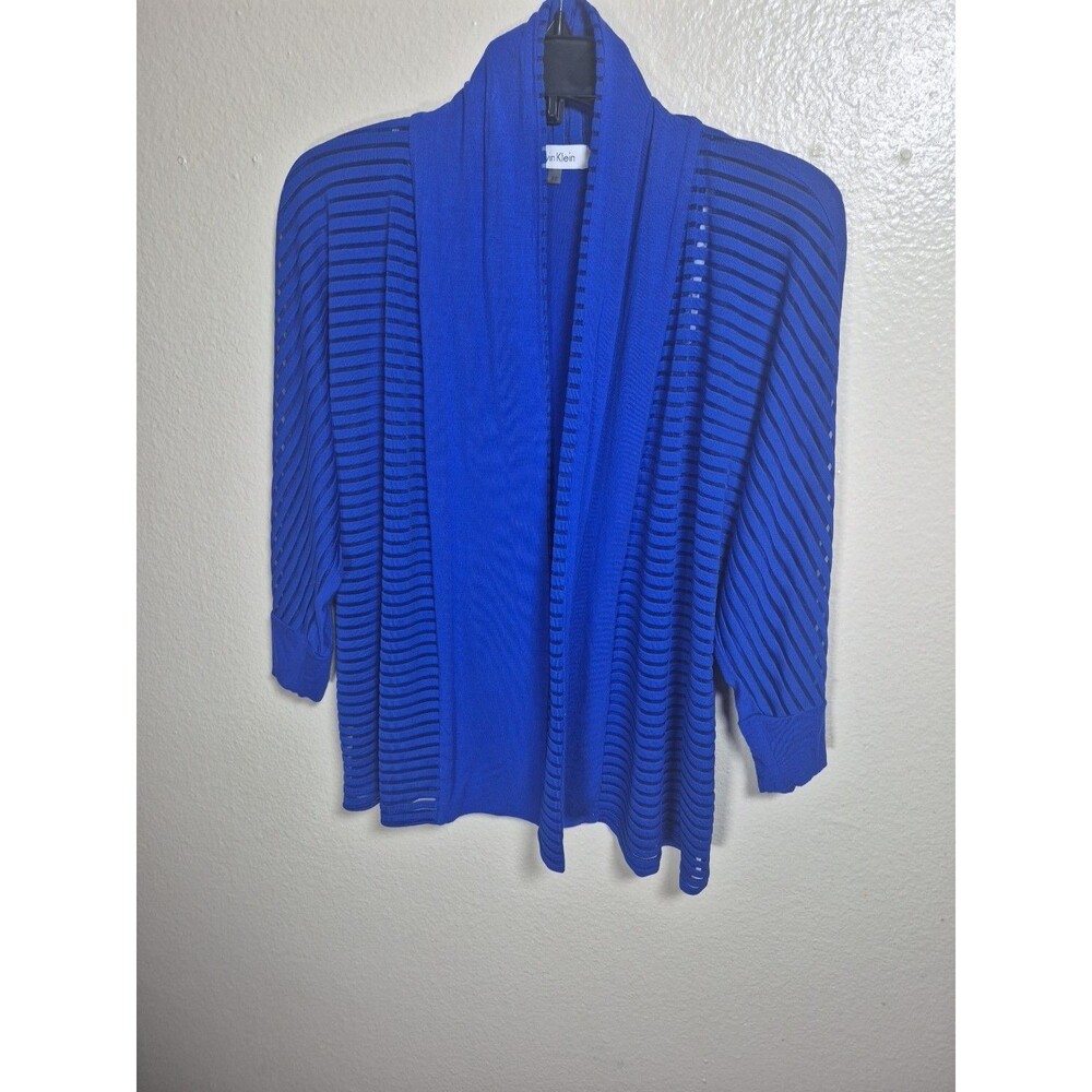 Calvin Klein Women's Open Front Cardigan Blue Size XS Striped 3/4 Sleeve